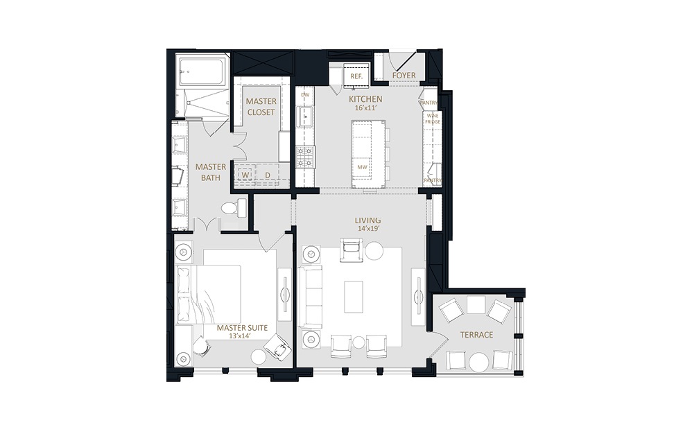 A1 - 1 bedroom floorplan layout with 1 bath and 1084 square feet.