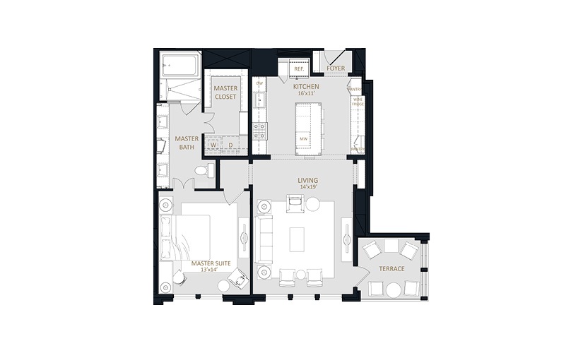 A1 - 1 bedroom floorplan layout with 1 bathroom and 1084 square feet