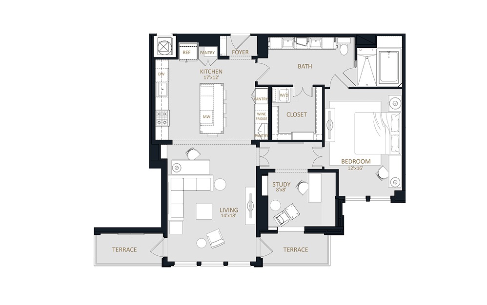 A2 - 1 bedroom floorplan layout with 1 bath and 1268 square feet.