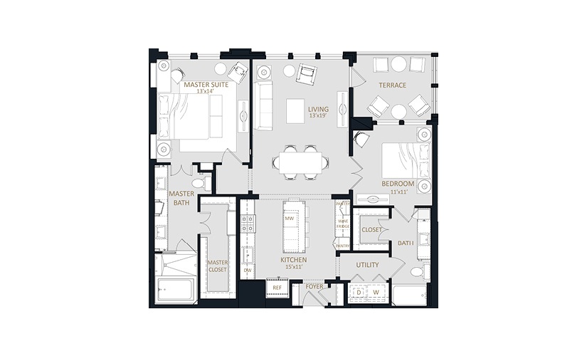 B2 - 2 bedroom floorplan layout with 2 bathrooms and 1328 square feet