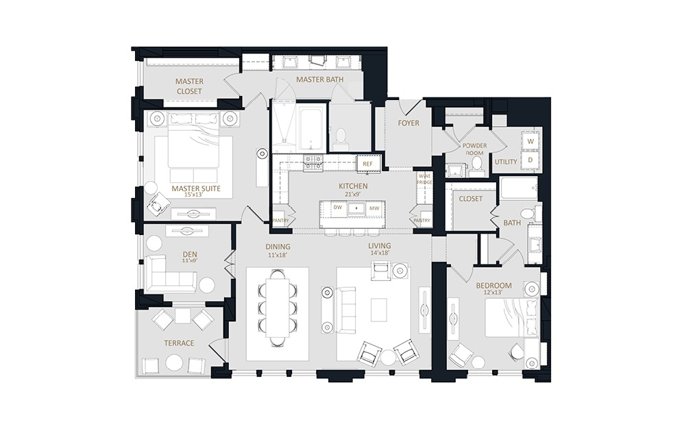 B4 - 2 bedroom floorplan layout with 2.5 baths and 1971 square feet.