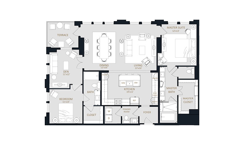 B5 - 2 bedroom floorplan layout with 2.5 bathrooms and 1788 square feet