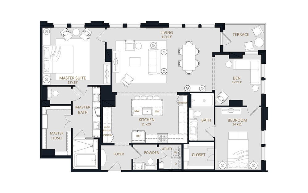 B6 - 2 bedroom floorplan layout with 2.5 baths and 1789 square feet.