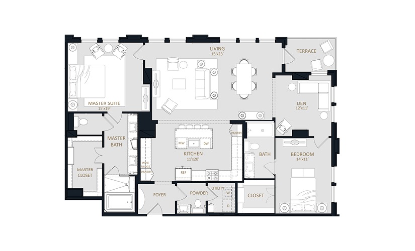 B6 - 2 bedroom floorplan layout with 2.5 bathrooms and 1789 square feet
