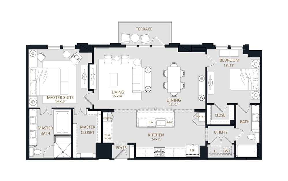 B7 - 2 bedroom floorplan layout with 2 baths and 1469 square feet.