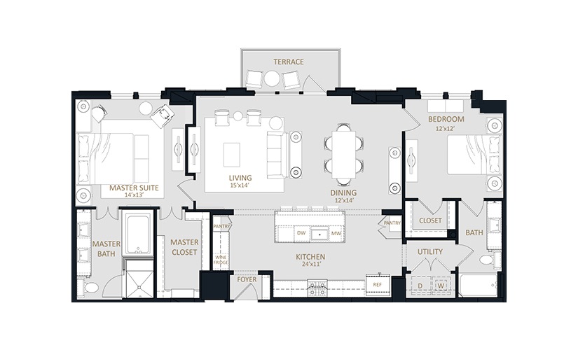 B7 - 2 bedroom floorplan layout with 2 bathrooms and 1469 square feet