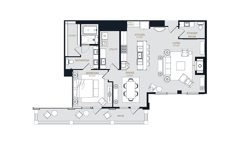 PH1 - 1 bedroom floorplan layout with 1.5 bathroom and 1448 square feet
