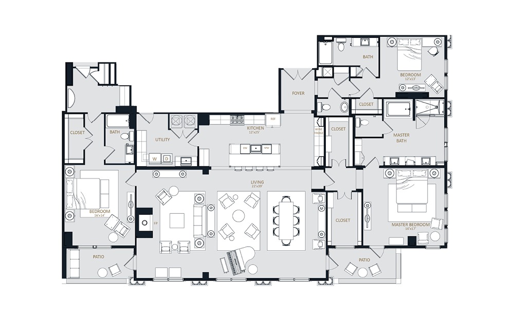 PH2 - 3 bedroom floorplan layout with 3 bathrooms and 3282 square feet