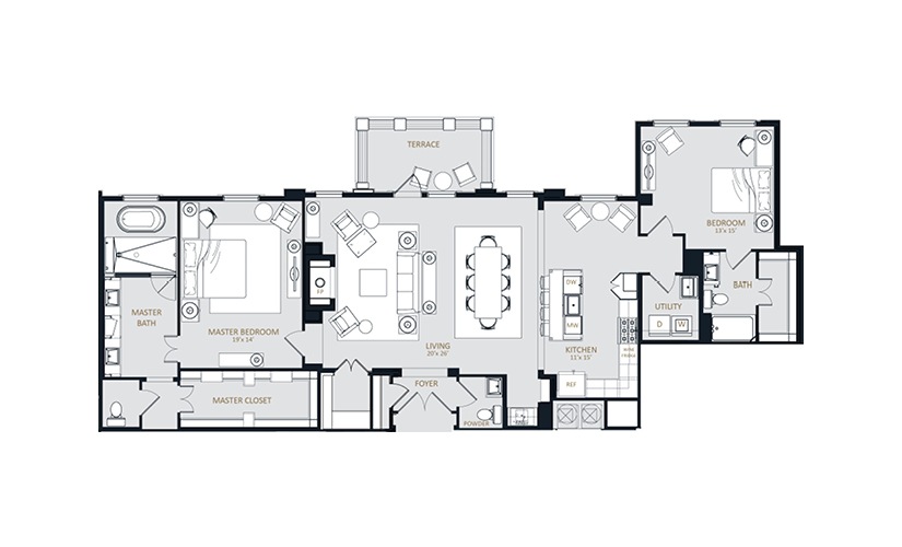 PH3 - 2 bedroom floorplan layout with 2.5 bathrooms and 2028 square feet