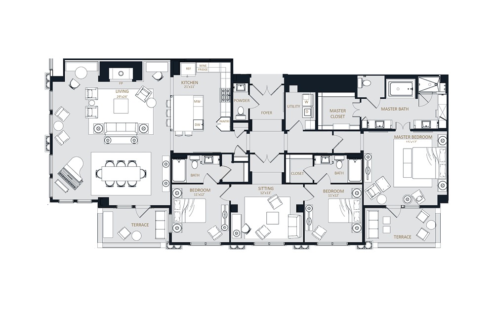 PH5 - 3 bedroom floorplan layout with 3.5 baths and 2727 square feet.