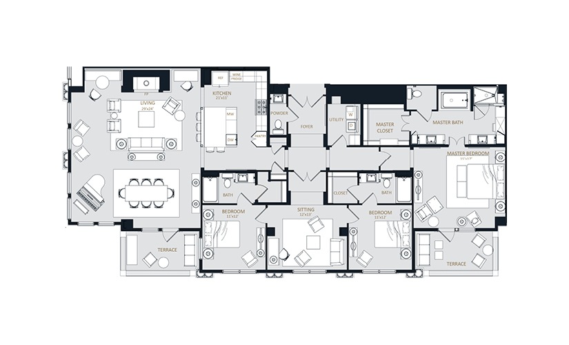PH5 - 3 bedroom floorplan layout with 3.5 bathrooms and 2727 square feet