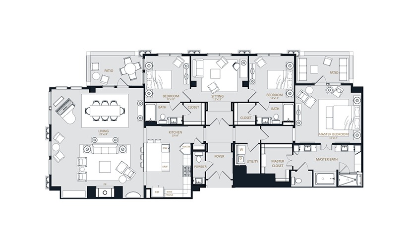 PH6 - 3 bedroom floorplan layout with 3.5 bathrooms and 2709 square feet